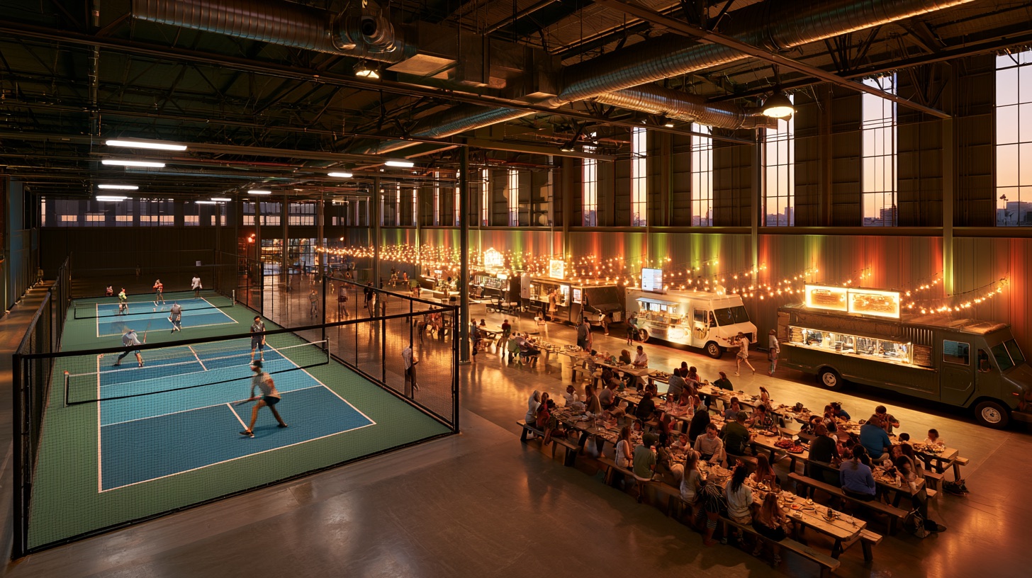 Interior rendering of The PickleHall showing indoor courts beside a food hall with food trucks and communal tables
